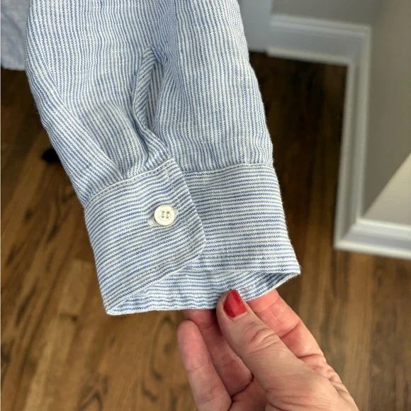 J.Mclaughlin Britt Button Front Collared 100% Linen Shirt - Light blue stripe - Picture 7 of 8